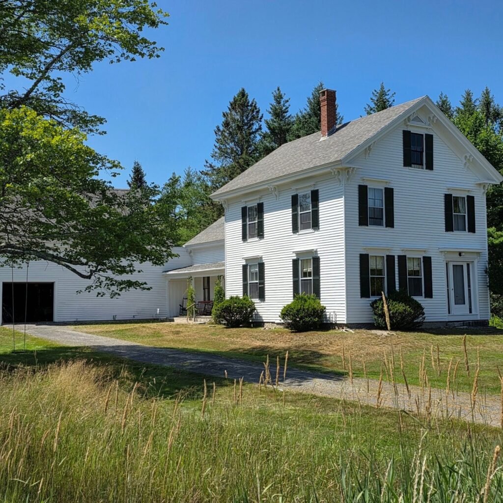 Exterior of old white house with green shutters and garage
