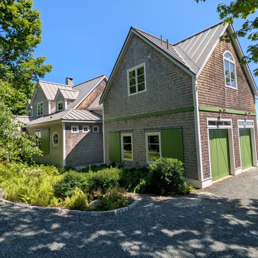 Driveway approach to grand house on the waterfront with chartreause accents